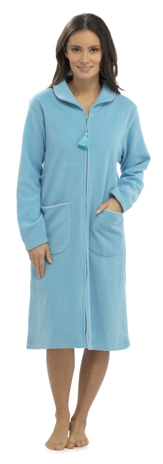 Womens Full Length Fleece Dressing Gown With Zip Long Robe Housecoat